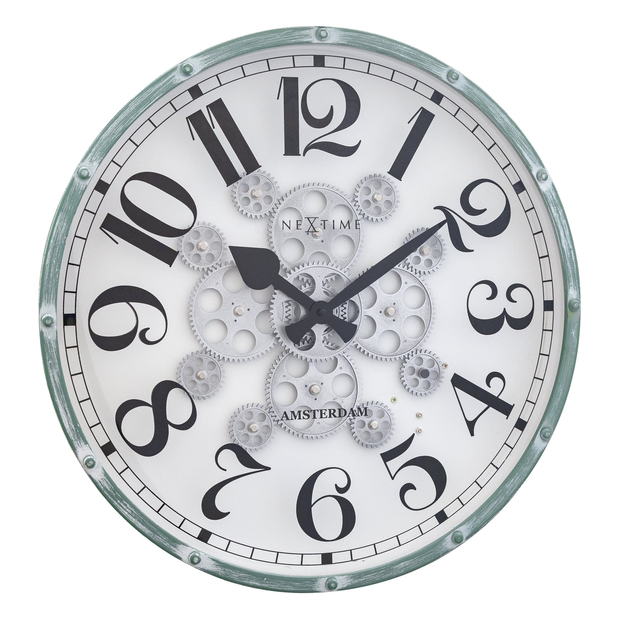 NeXtime Clocks Henry 50cm moving gear wall clock with three gear designs, modern industrial style, front view.